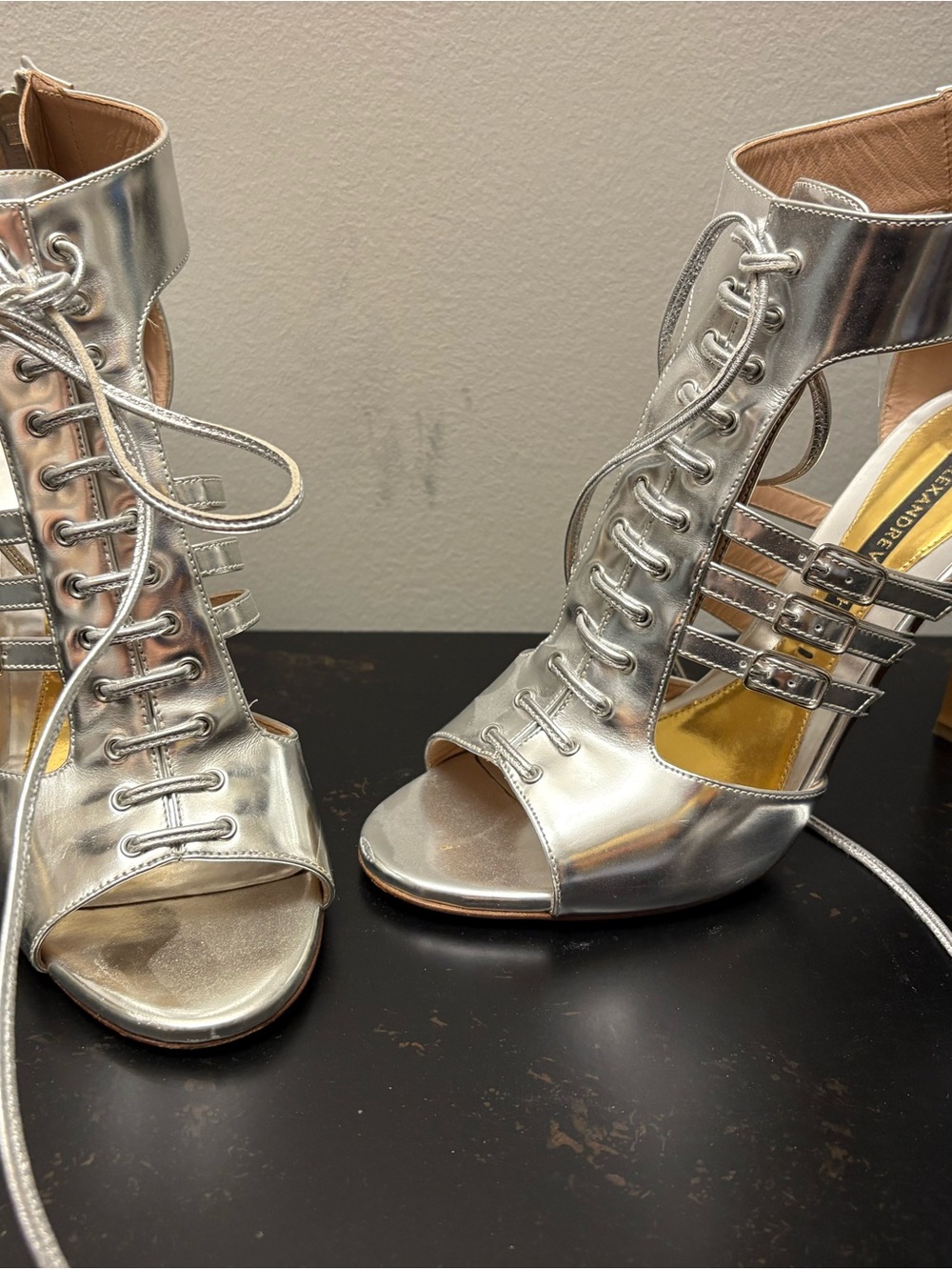 Silver Lace-Up Open-Toe High Heel Sandals by Kenneth Cole